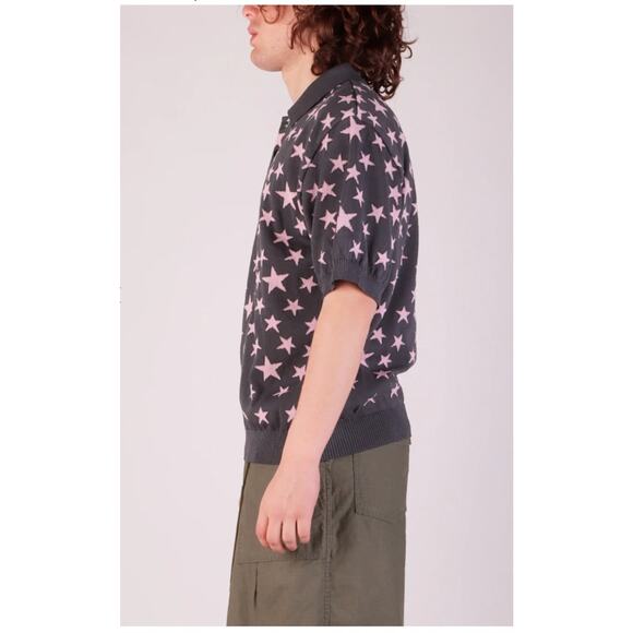 NWT NEEDLES Men's Grey Pink Stars Japan Relax Fit Knit Button Polo Sweater Sz XS - Picture 8 of 16